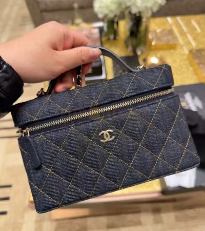 CHANEL 26P DARK DENIM LEATHER FLAP BAG WITH CC LOGO QUILTED DESIGN 19.5*17*5 MASTER QUALITY